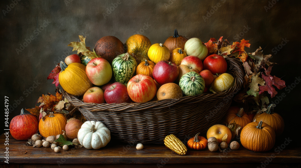 A basket full of fruit and vegetables for Thanksgiving. AI generative. A basket full of fruit and vegetables for Thanksgiving. AI generative.