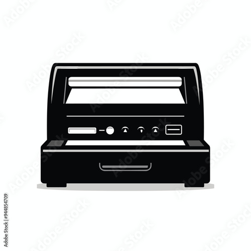 Vintage black and white dot matrix printer illustration with control buttons and paper feed tray. photo