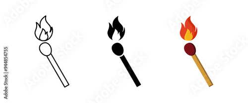 set of burning match icons. symbol of wooden matches and fire. modern design