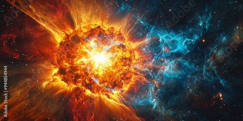 a supernova explosion, with vibrant colors and shockwaves radiating through space, captured in stunning detail