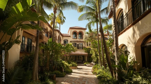 Palm Trees and Lush Greenery Frame a Resort Courtyard