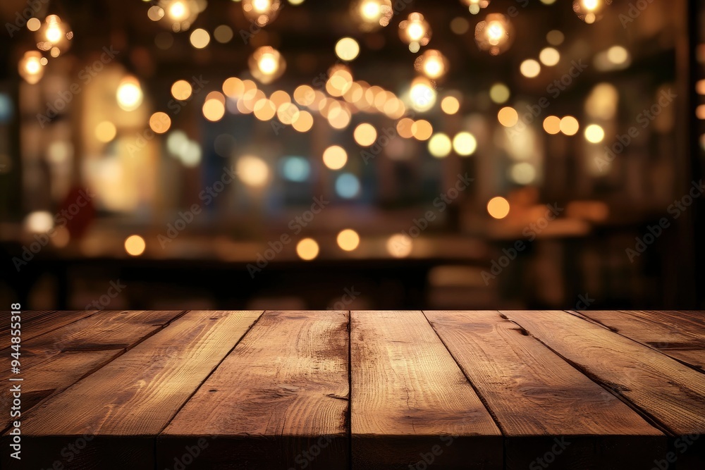 image of wooden table in front of abstract blurred background of resturant lights , ai image of wooden table in front of abstract blurred background of resturant lights , ai