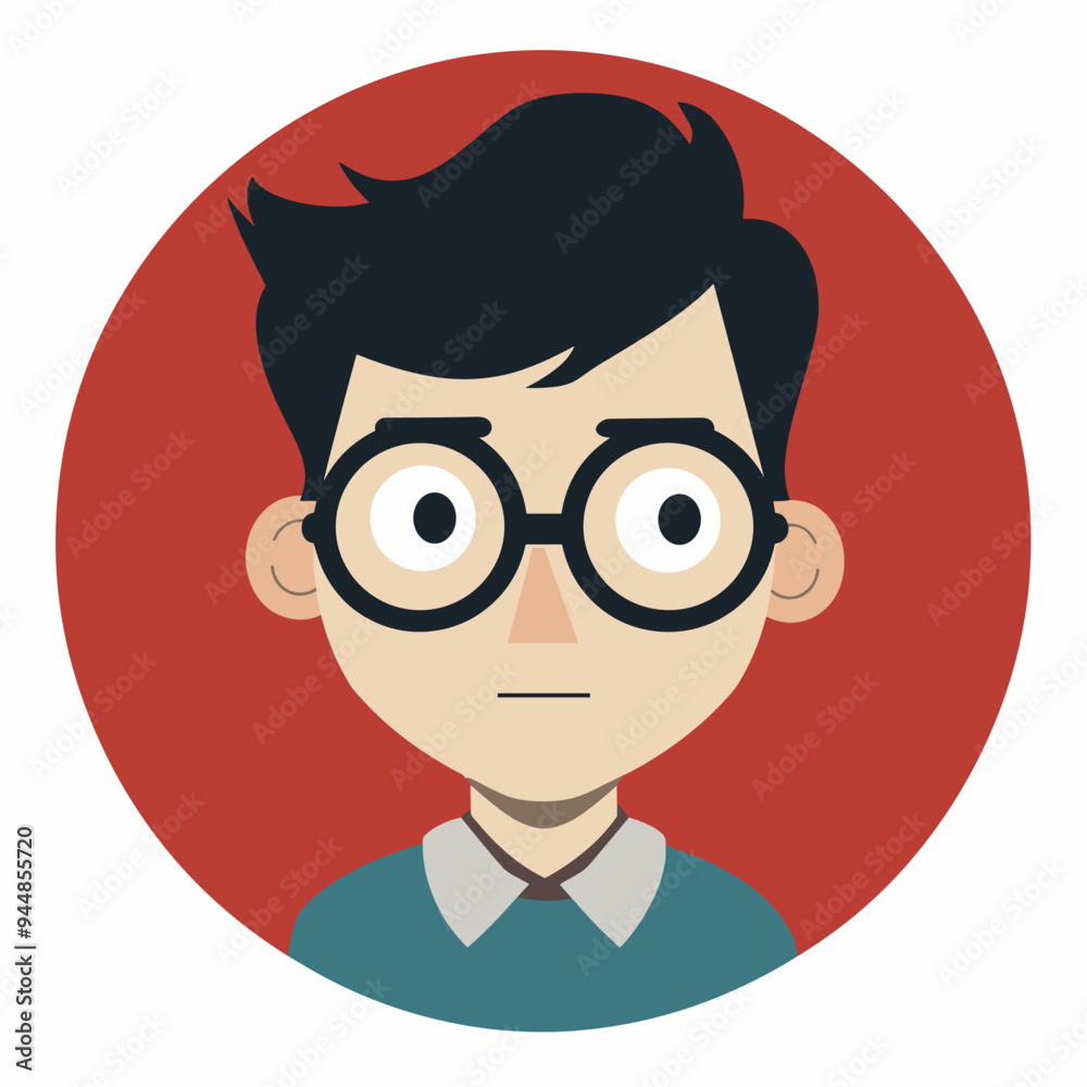 Illustration of a young male with glasses and dark hair, set against a red background. Illustration of a young male with glasses and dark hair, set against a red background.