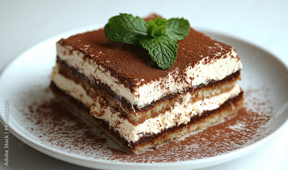 Decadent dessert with mascarpone cream, cocoa powder, and fresh mint garnish Decadent dessert with mascarpone cream, cocoa powder, and fresh mint garnish