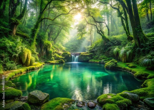 Mystical Forest Pool: Enchanting pond surrounded by lush greenery, magical atmosphere, emerald tones, ethereal