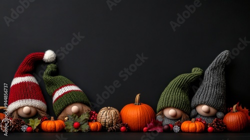 Three charming gnomes in festive hats surrounded by autumn decorations, perfect for celebrating the cozy fall season. photo