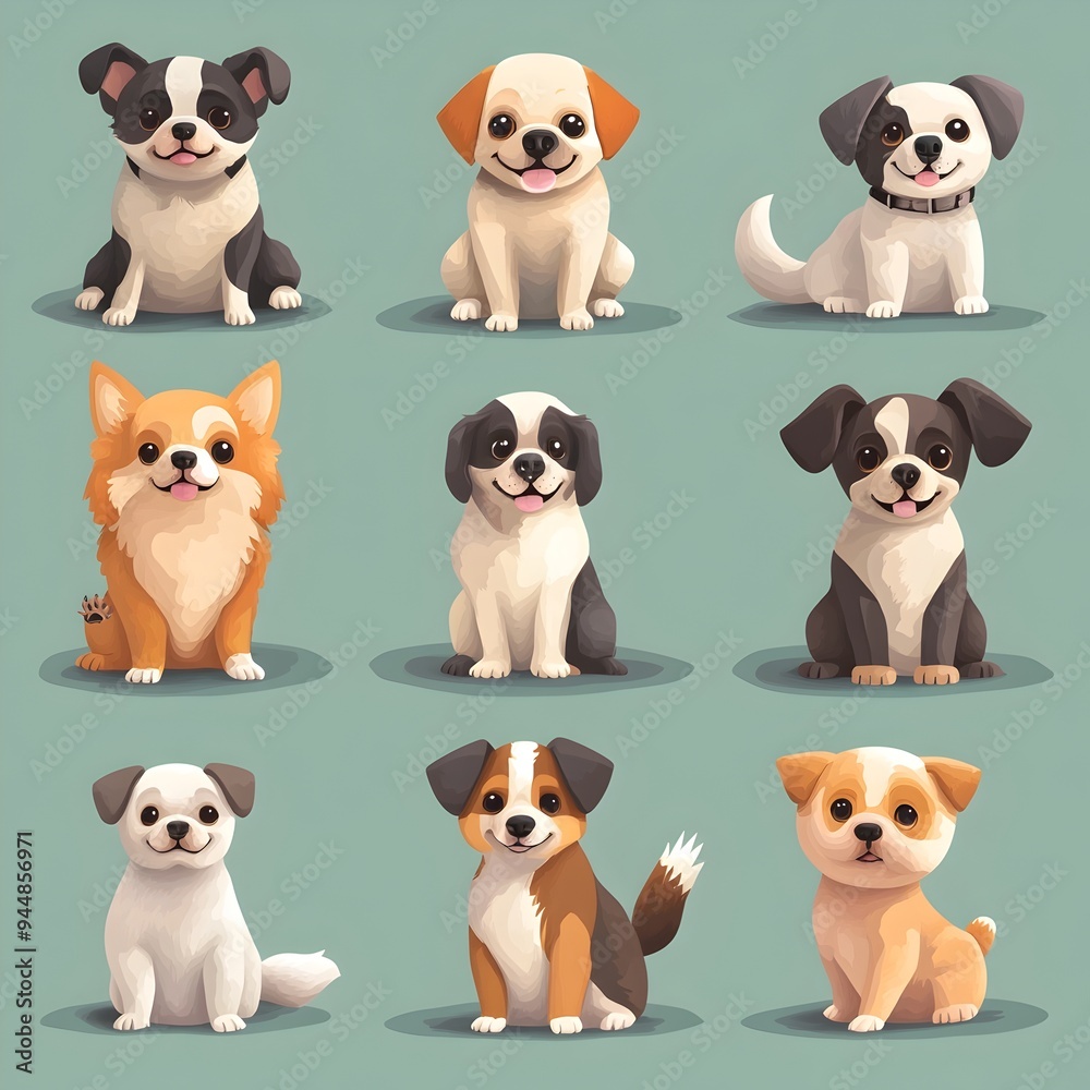 Obraz premium Cute and Diverse Cartoon Puppies in Pastel Colored Background