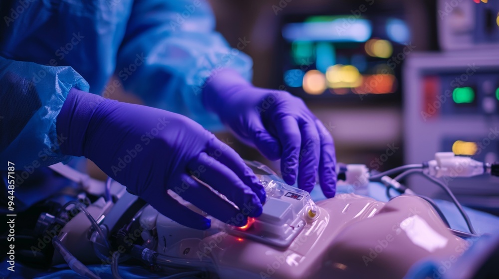 Macro view of a medical professional using a defibrillator