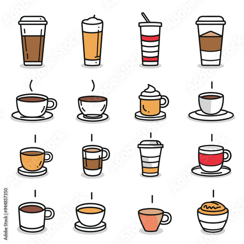 Illustration of different coffee and tea beverages in various containers and cups, presented in a minimalist style.