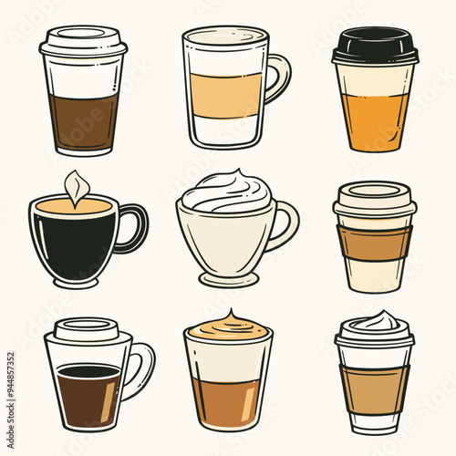 Illustration of various coffee drinks in different types of cups and mugs, showcasing diverse styles and preparations.