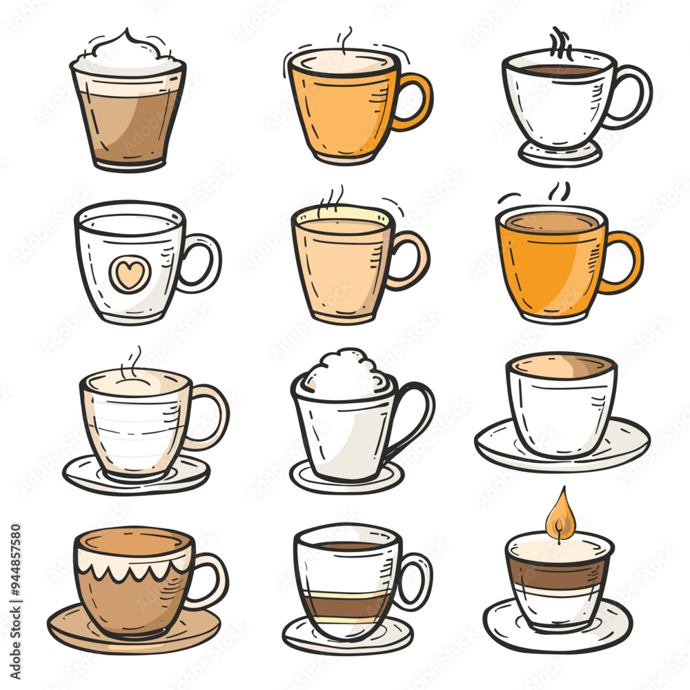 A variety of hand-drawn coffee cups with different designs, some steaming hot and others topped with frothy cream. A variety of hand-drawn coffee cups with different designs, some steaming hot and others topped with frothy cream.