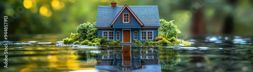 House in miniature scale surrounded by rising water, symbolizing flooding and climate change, environmental crisis, powerful and dramatic visualization