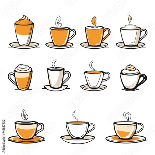 Illustration of various coffee cups with different designs and styles, showcasing a variety of coffee drinks.