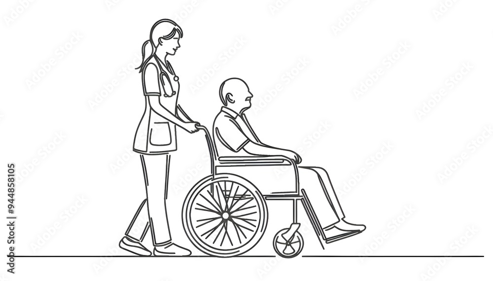 Continuous Line Drawing of Female Doctor Transferring an Old Senior ...