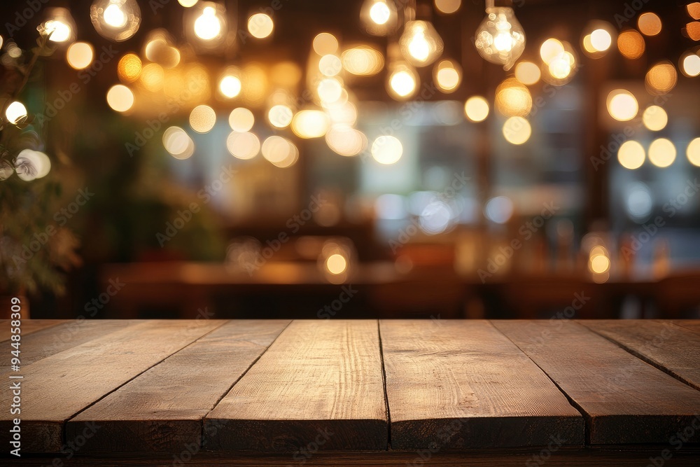 image of wooden table in front of abstract blurred background of resturant lights , ai image of wooden table in front of abstract blurred background of resturant lights , ai