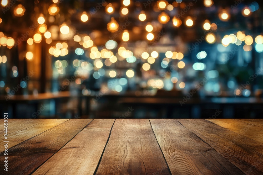 image of wooden table in front of abstract blurred background of resturant lights , ai image of wooden table in front of abstract blurred background of resturant lights , ai