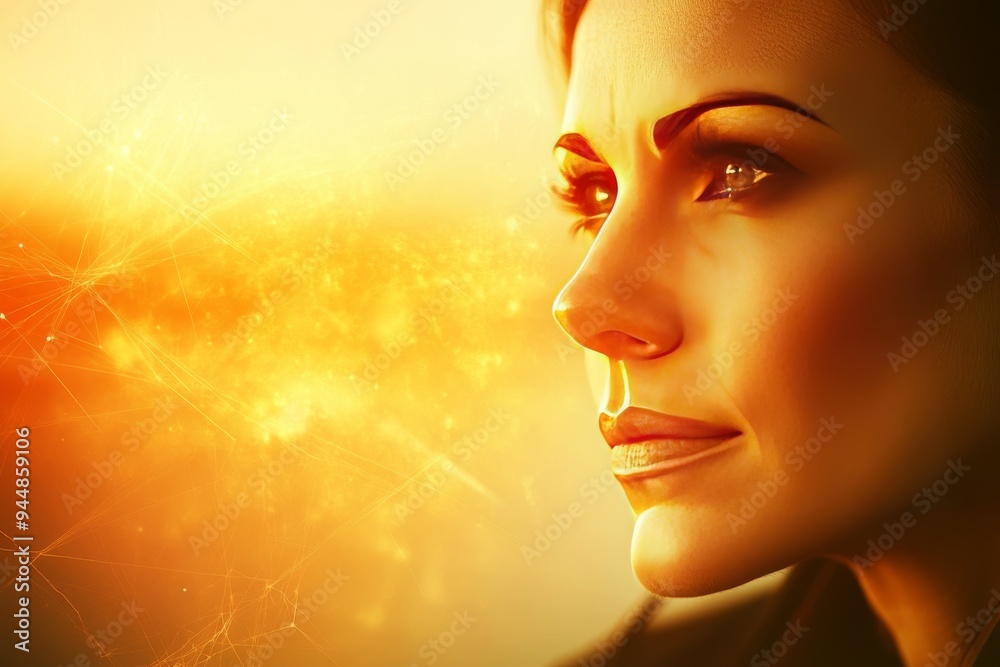 Profile of a woman gazing into the glowing horizon symbolizing inner strength future vision and a journey towards self discovery under a warm ethereal light Profile of a woman gazing into the glowing horizon symbolizing inner strength future vision and a journey towards self discovery under a warm ethereal light