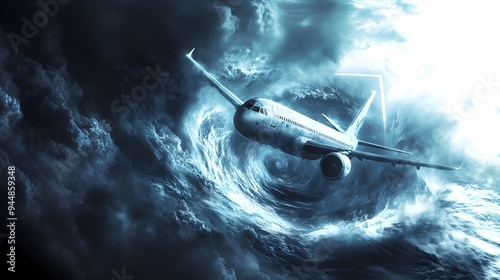 A plane flying over the ocean entering a Bermuda Triangle vortex, evoking a sense of dread and danger.