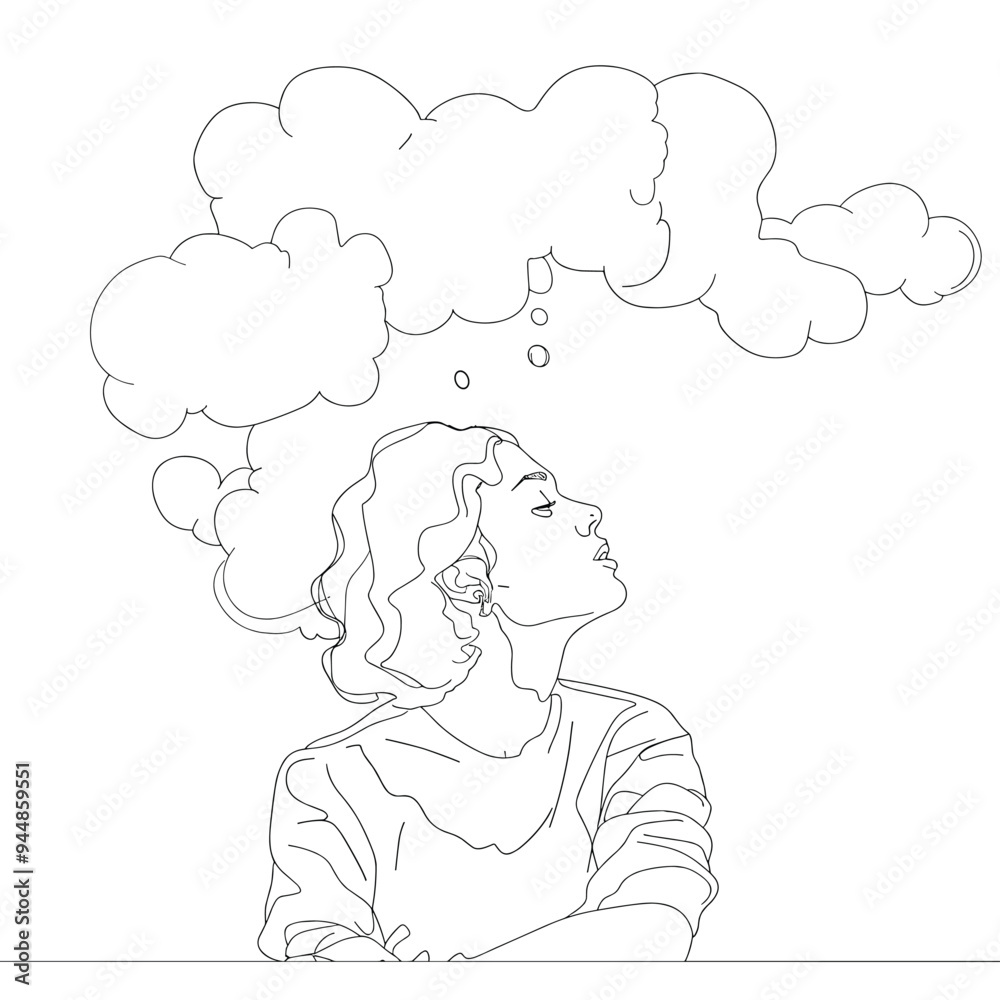 Line art of a woman with thoughts clouding above her head, imagining or in deep thought.