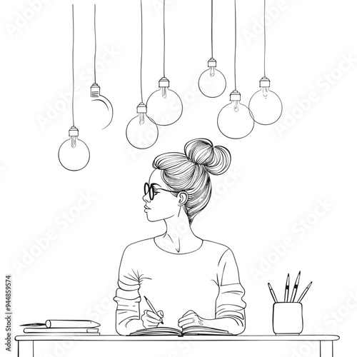 Illustration of a woman sketching at a desk with hanging light bulbs above her.