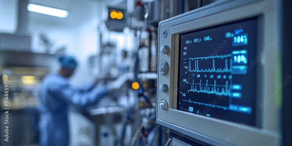 a digital readout on a lab device, with a medical researcher adjusting settings in the background a digital readout on a lab device, with a medical researcher adjusting settings in the background