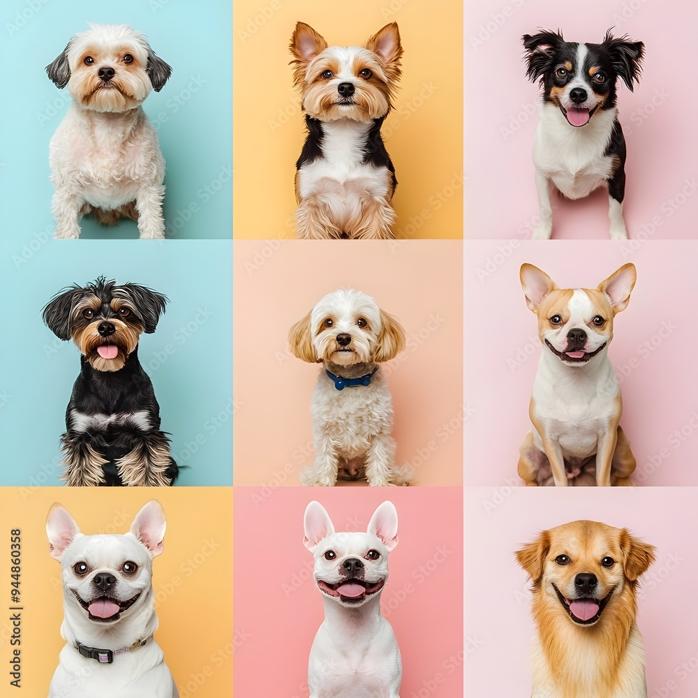 Diverse Collection of Cheerful Dog Breeds Posing on Pastel Color Backdrops Diverse Collection of Cheerful Dog Breeds Posing on Pastel Color Backdrops