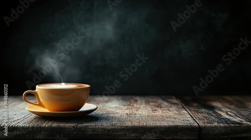 A steaming cup of coffee on a rustic wooden table