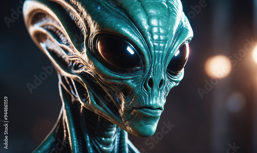 A close-up portrait of a grey alien with large, black eyes