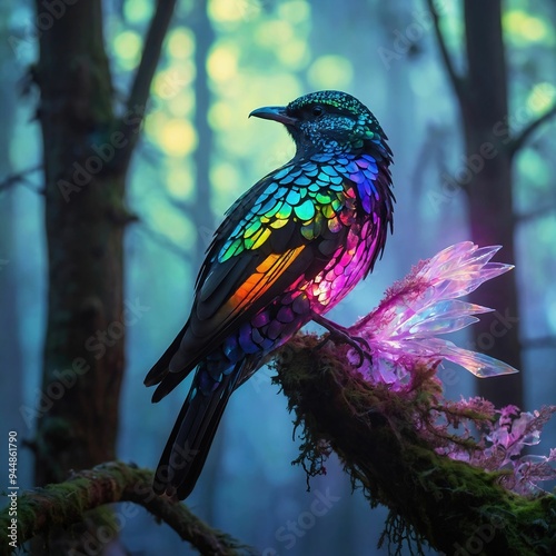 Mystical bird with glowing multicolored feathers


