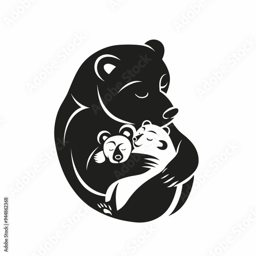 Black and white illustration of a bear hugging two cubs, conveying warmth and love.