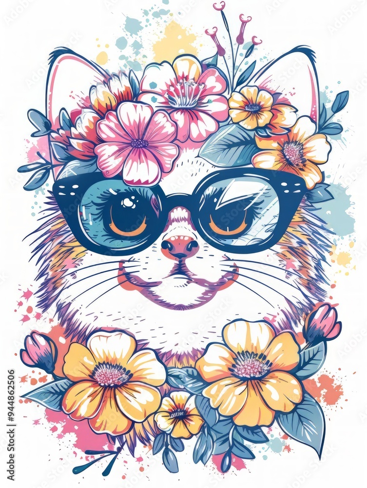 Fototapeta premium Cute Cat Doodle Illustration for Merchandise Clothing, Fashion Textile, Sport Apparel and Clothes Design Printing, Street Art Graffiti Pattern, Colorful Streetwear Design Bundle