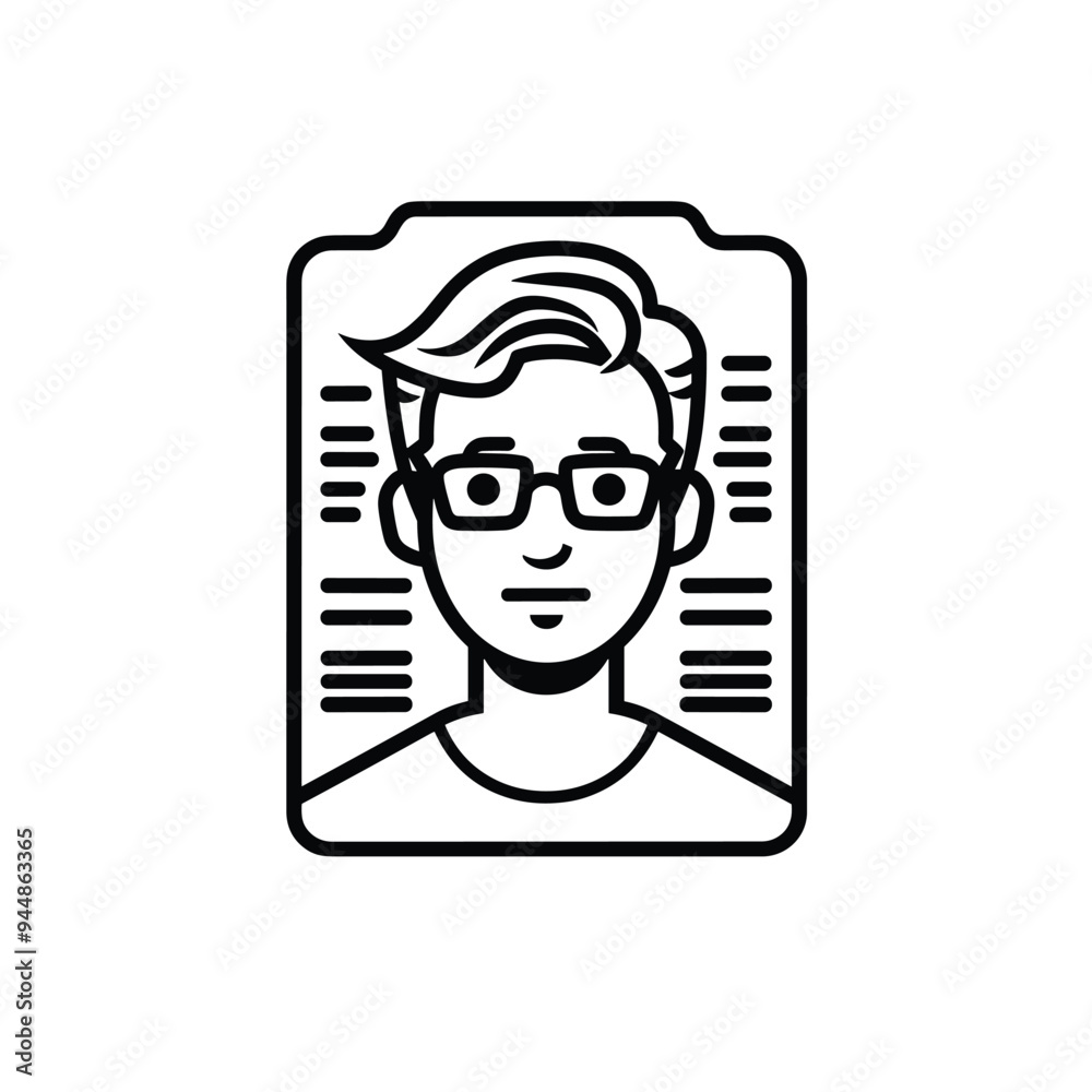 Illustration of a young man with glasses, short hair, and casual clothing on a document icon background in black and white. Illustration of a young man with glasses, short hair, and casual clothing on a document icon background in black and white.