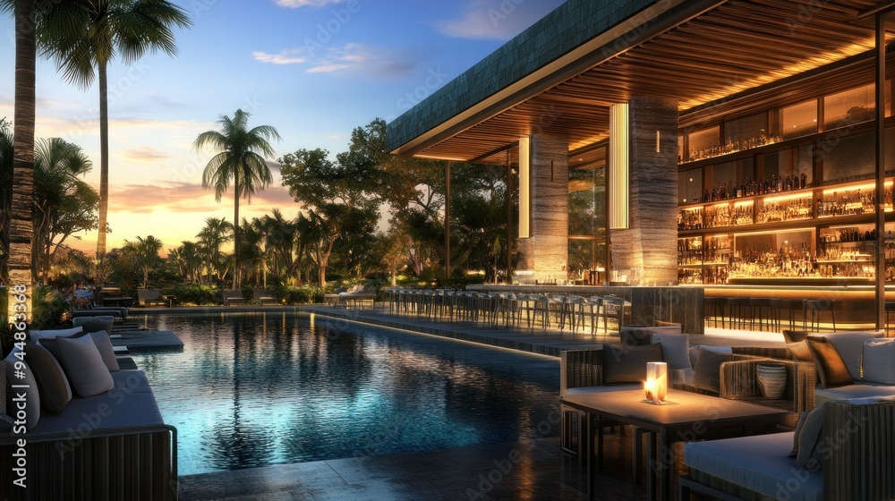 Obraz premium Modern Bar and Pool Area with Palm Trees at Sunset
