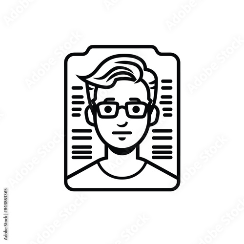 Illustration of a young man with glasses, short hair, and casual clothing on a document icon background in black and white.