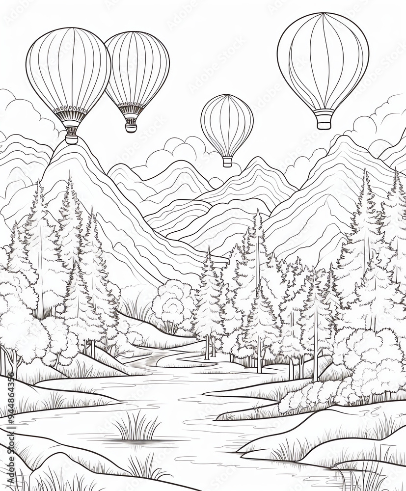 Obraz premium A coloring book page featuring hot air balloons floating over an ancient forest with towering mountains in the background,