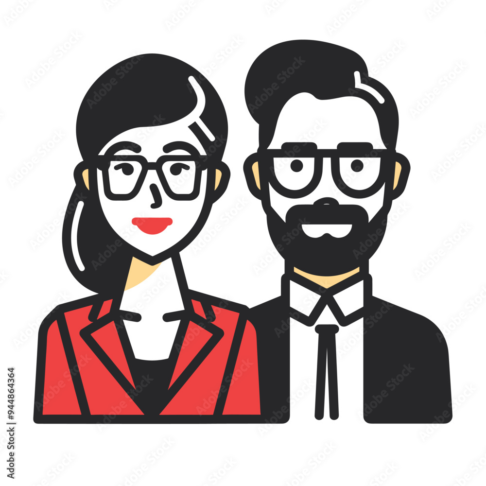 Illustration of a professional man and woman with glasses, both wearing formal attire. Illustration of a professional man and woman with glasses, both wearing formal attire.
