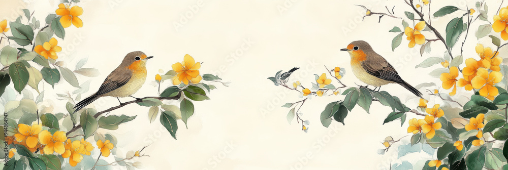Fototapeta premium Eastern style illustration, seated birds and yellow flowers. AI generative.