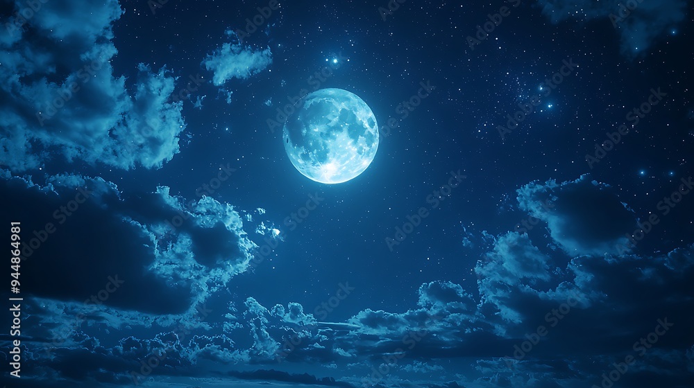 A Full Moon Illuminating the Night Sky with Clouds and Stars, Creating a Mystical and Serene Atmosphere A Full Moon Illuminating the Night Sky with Clouds and Stars, Creating a Mystical and Serene Atmosphere
