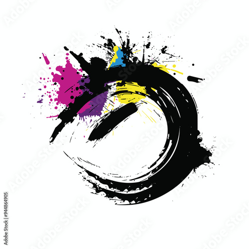 Abstract circular black brushstroke with vibrant splashes of yellow, purple, and pink on a white background.