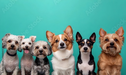 Diverse pack of adorable and friendly dogs of various breeds posing together on a gentle turquoise background