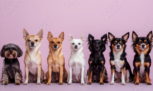 Various Worldwide Types of Dogs Posed Together on Pale Lilac Background