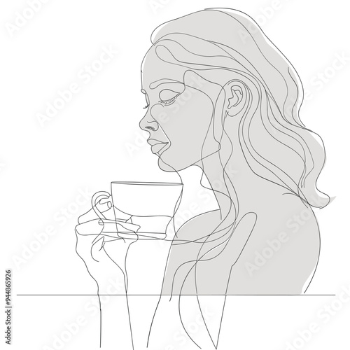 Minimalist line art of a woman with long hair holding a cup of coffee or tea, embracing simplicity and elegance.