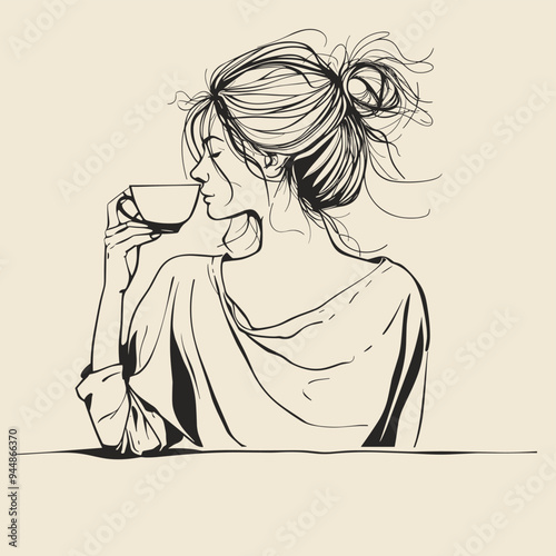 Black and white sketch of a woman sipping coffee with a relaxed expression, her hair styled in a messy bun.