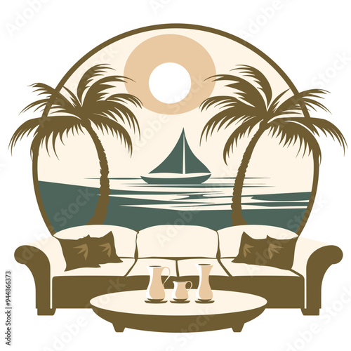 A serene living room wall decal with palm trees, a sailboat, and a setting sun, creating a relaxing tropical atmosphere.