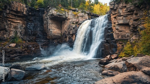 Cascading Waterfall Over Rocky Cliffs in a Lush Forest