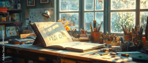 A young artist s sketchbook lies open on a cluttered workbench photo