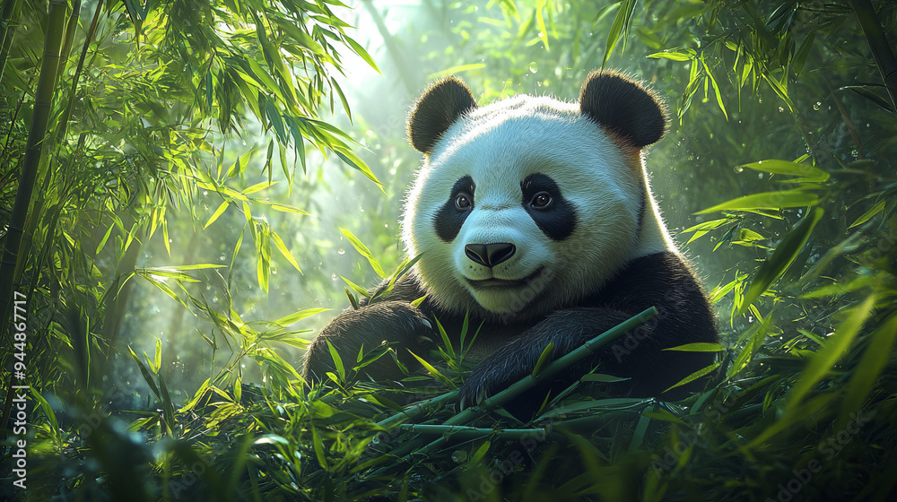A peaceful giant panda munching on bamboo stalks in a lush, green bamboo forest, soft lighting highlighting the €™s distinctive black and white markings, depicted in a naturalistic, high-resolution ph A peaceful giant panda munching on bamboo stalks in a lush, green bamboo forest, soft lighting highlighting the €™s distinctive black and white markings, depicted in a naturalistic, high-resolution ph