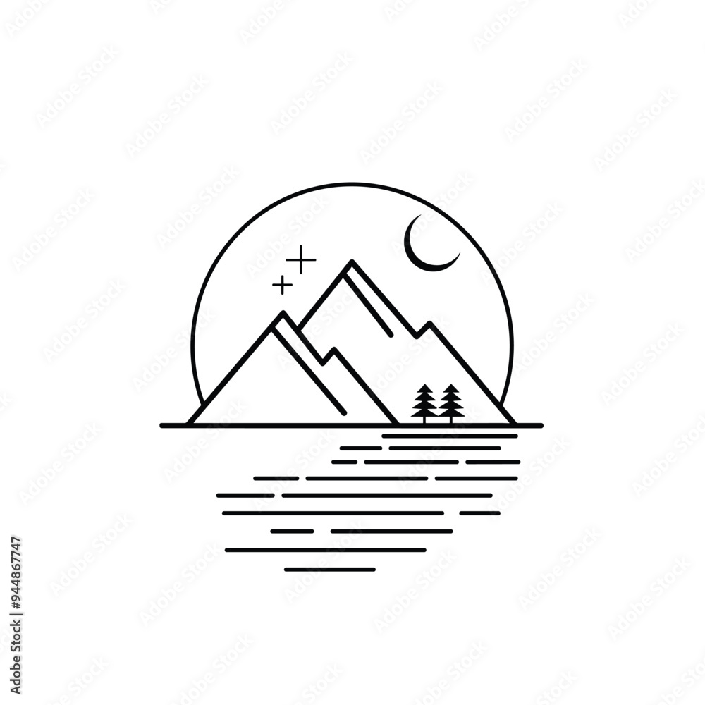 Fototapeta premium Minimalist illustration of mountains with a moon, stars, and trees reflected in still water.