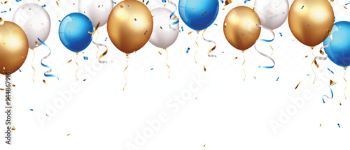 Celebration banner with gold confetti and balloons