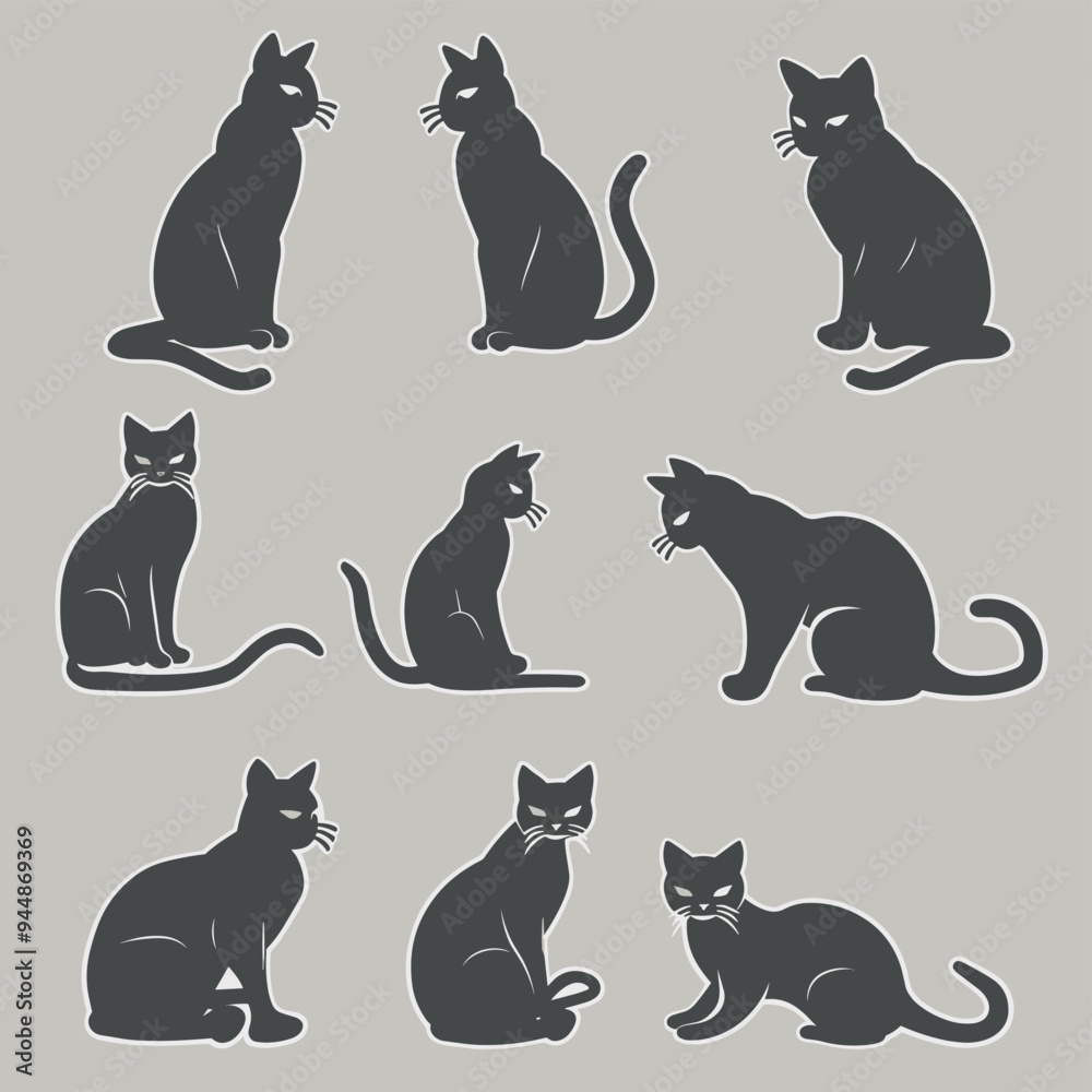 Nine black cat silhouettes in various poses set against a light gray background. Nine black cat silhouettes in various poses set against a light gray background.